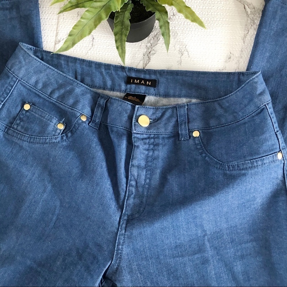 IMAN Denim Pants Three Pocket Pant Gold Logo Studs and Button Size S - Picture 8 of 11